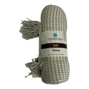 Comfort Bay Throw Blanket  50” x 60” Soft Waffle Fringe Gray White NEW